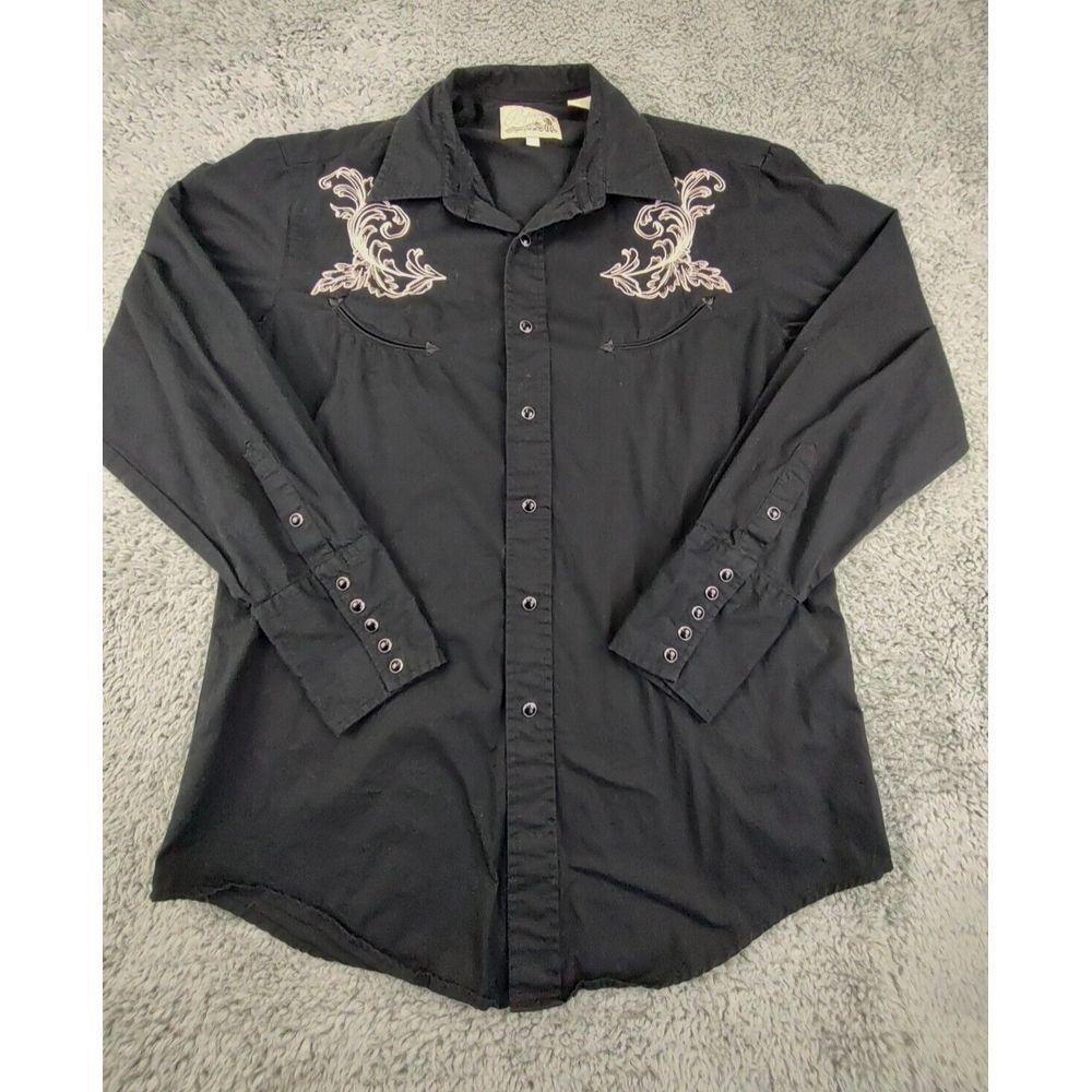 Roper Embroidered Shirt Men's L Guns Pistols Smile Pockets Black Snap Western